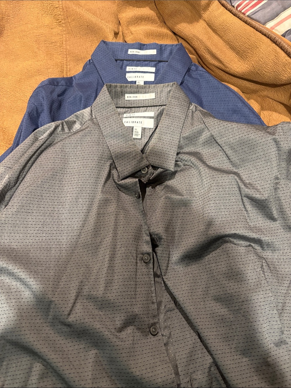 Calibrate Slim Fit Grey Microdot Button-Down Shirt (with Blue Shirt behind)